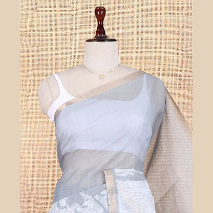 Pothys Grey Linen Cotton Saree Features Kalamkari Human Figurines, a Piping Border, Kalamkari Pallu, Contrast Blouse