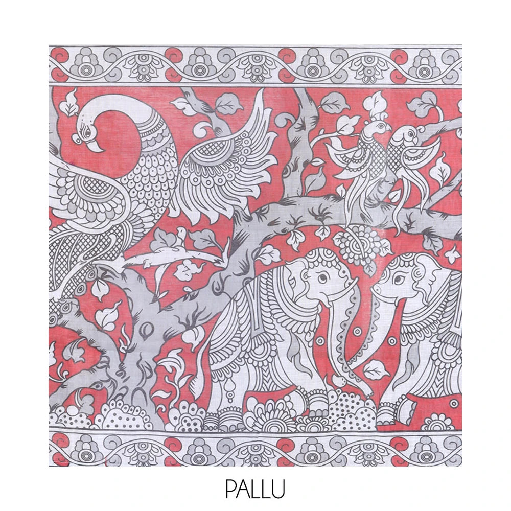 Pothys Grey Linen Cotton Saree Features Kalamkari Human Figurines, a Piping Border, Kalamkari Pallu, Contrast Blouse