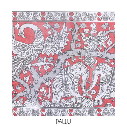 Pothys Grey Linen Cotton Saree Features Kalamkari Human Figurines, a Piping Border, Kalamkari Pallu, Contrast Blouse