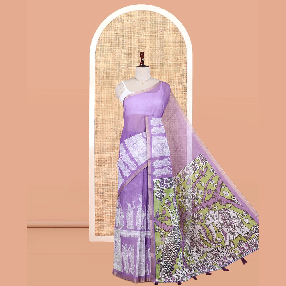 Pothys Lavender Linen Cotton Saree Features Kalamkari Human Figurines, a Piping Border, Kalamkari Pallu, Contrast Blouse