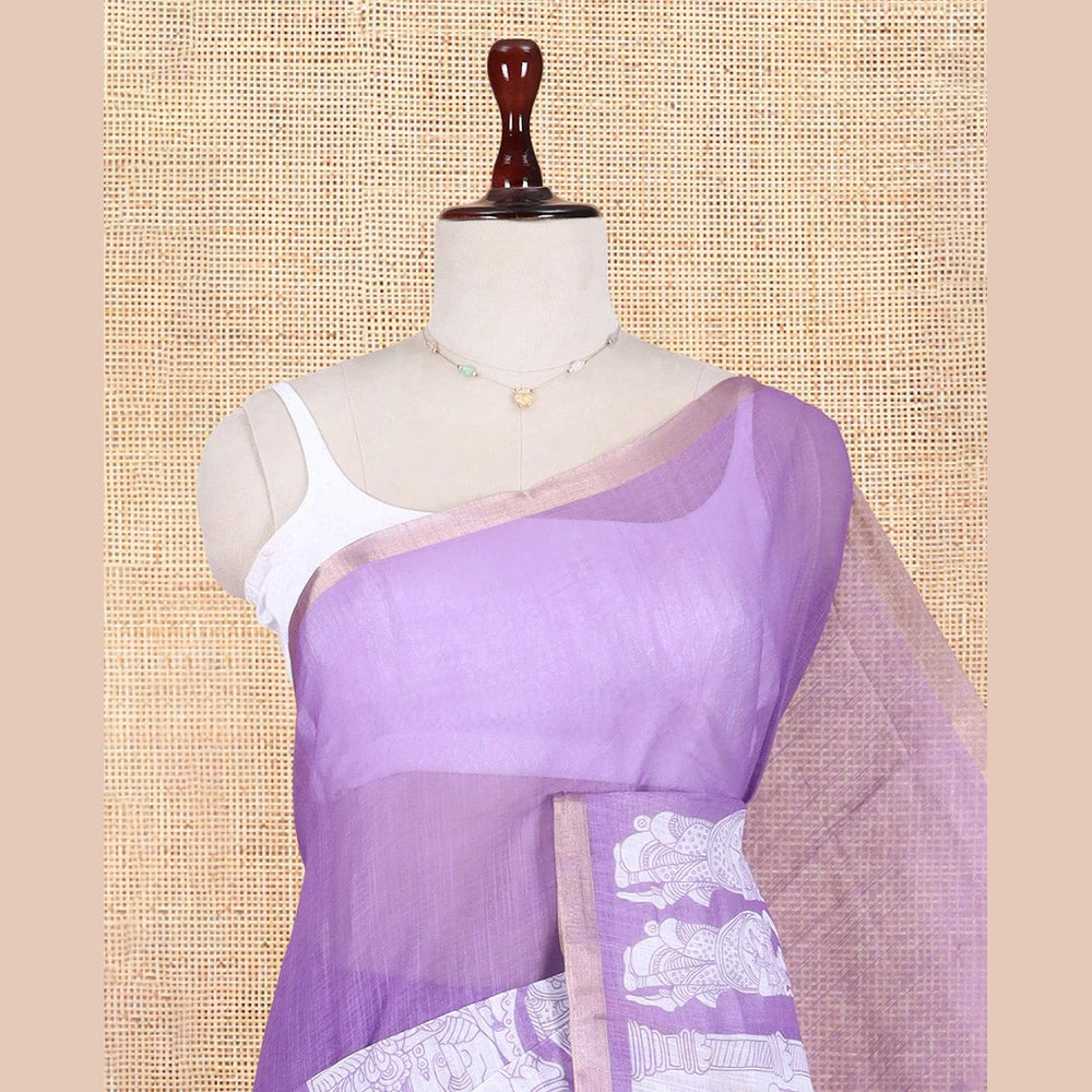 Pothys Lavender Linen Cotton Saree Features Kalamkari Human Figurines, a Piping Border, Kalamkari Pallu, Contrast Blouse