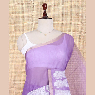 Pothys Lavender Linen Cotton Saree Features Kalamkari Human Figurines, a Piping Border, Kalamkari Pallu, Contrast Blouse