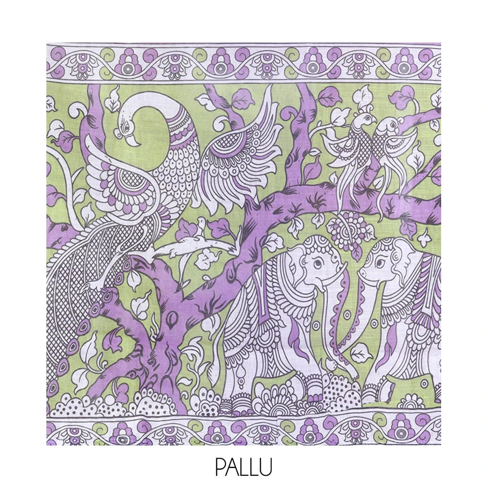 Pothys Lavender Linen Cotton Saree Features Kalamkari Human Figurines, a Piping Border, Kalamkari Pallu, Contrast Blouse