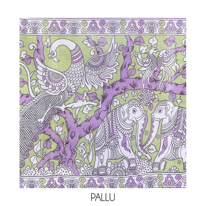 Pothys Lavender Linen Cotton Saree Features Kalamkari Human Figurines, a Piping Border, Kalamkari Pallu, Contrast Blouse