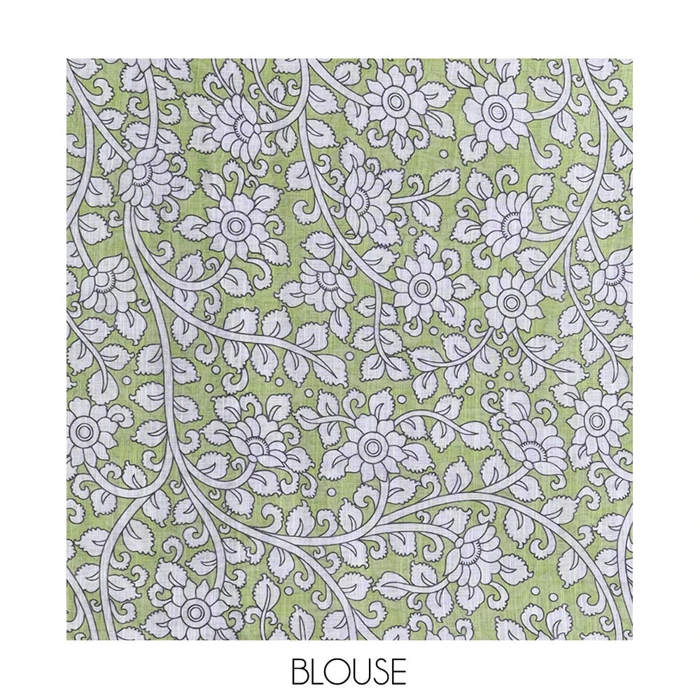 Pothys Lavender Linen Cotton Saree Features Kalamkari Human Figurines, a Piping Border, Kalamkari Pallu, Contrast Blouse