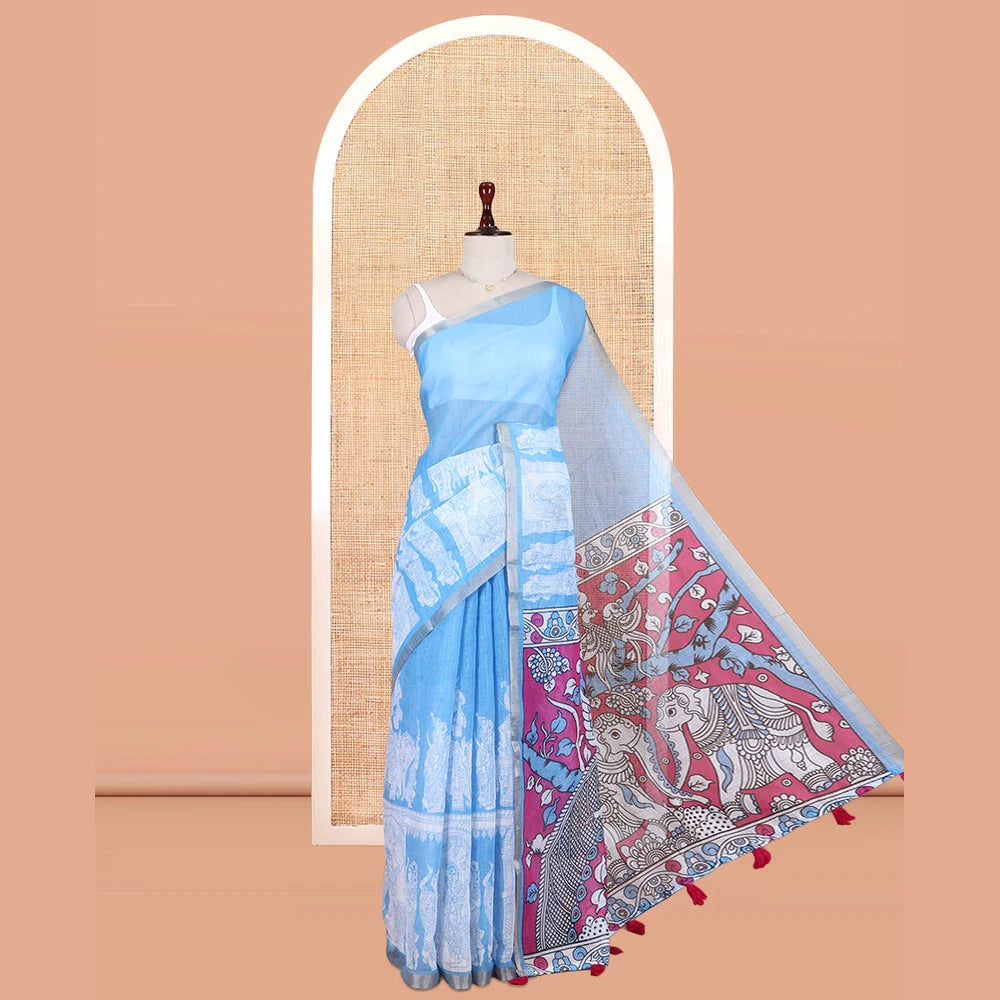 Pothys Blue Linen Cotton Saree Features Kalamkari Human Figurines, a Piping Border, Kalamkari Pallu, Contrast Blouse