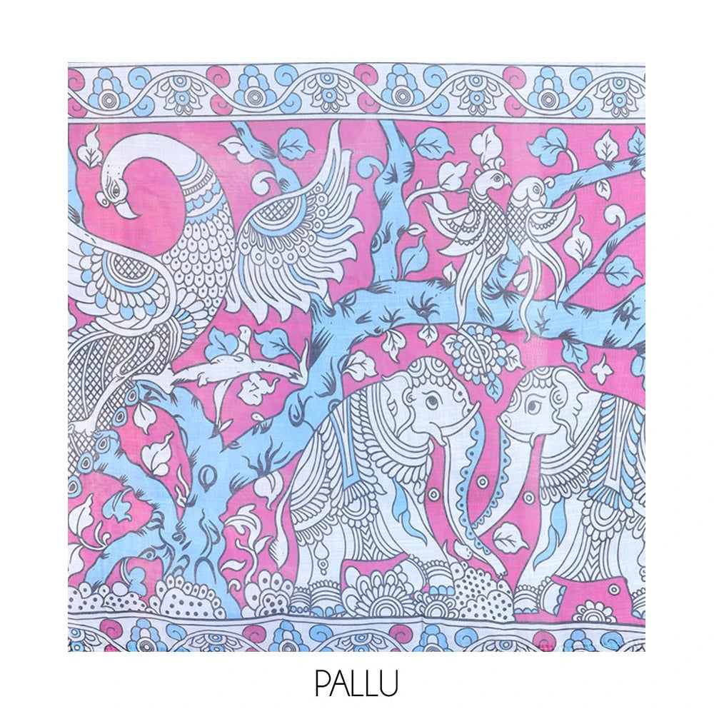 Pothys Blue Linen Cotton Saree Features Kalamkari Human Figurines, a Piping Border, Kalamkari Pallu, Contrast Blouse