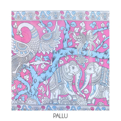 Pothys Blue Linen Cotton Saree Features Kalamkari Human Figurines, a Piping Border, Kalamkari Pallu, Contrast Blouse
