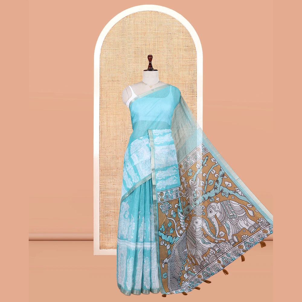 Pothys Teal Blue Linen Cotton Saree Features Kalamkari Human Figurines, a Piping Border, Kalamkari Pallu, Contrast Blouse