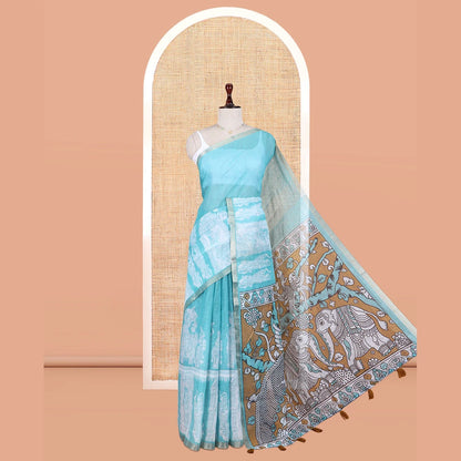 Pothys Teal Blue Linen Cotton Saree Features Kalamkari Human Figurines, a Piping Border, Kalamkari Pallu, Contrast Blouse