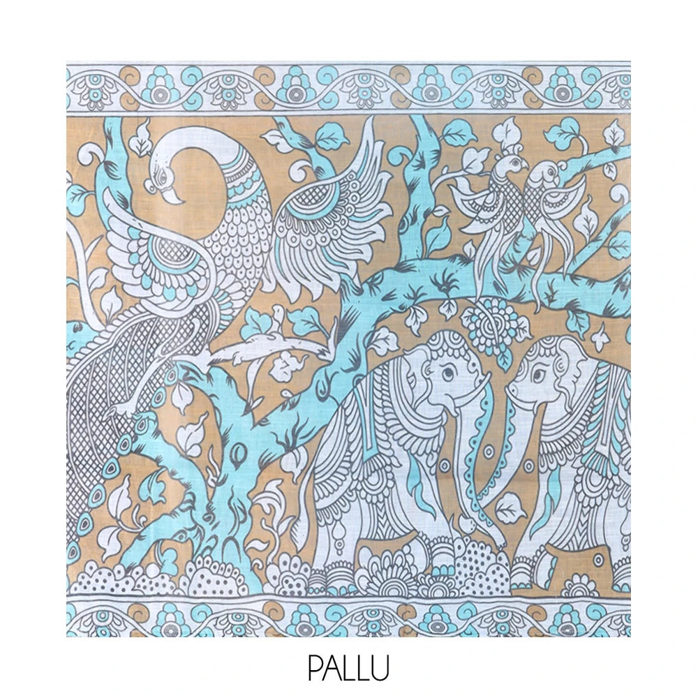 Pothys Teal Blue Linen Cotton Saree Features Kalamkari Human Figurines, a Piping Border, Kalamkari Pallu, Contrast Blouse