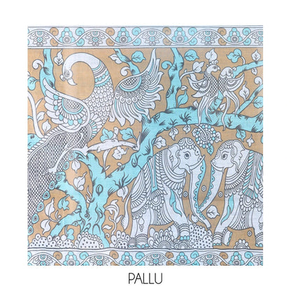 Pothys Teal Blue Linen Cotton Saree Features Kalamkari Human Figurines, a Piping Border, Kalamkari Pallu, Contrast Blouse