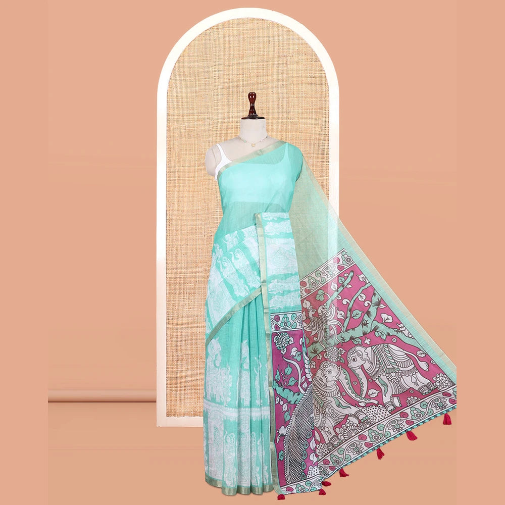 Pothys Sea Green Linen Cotton Saree Features Kalamkari Human Figurines, a Piping Border, Kalamkari Pallu, Contrast Blouse