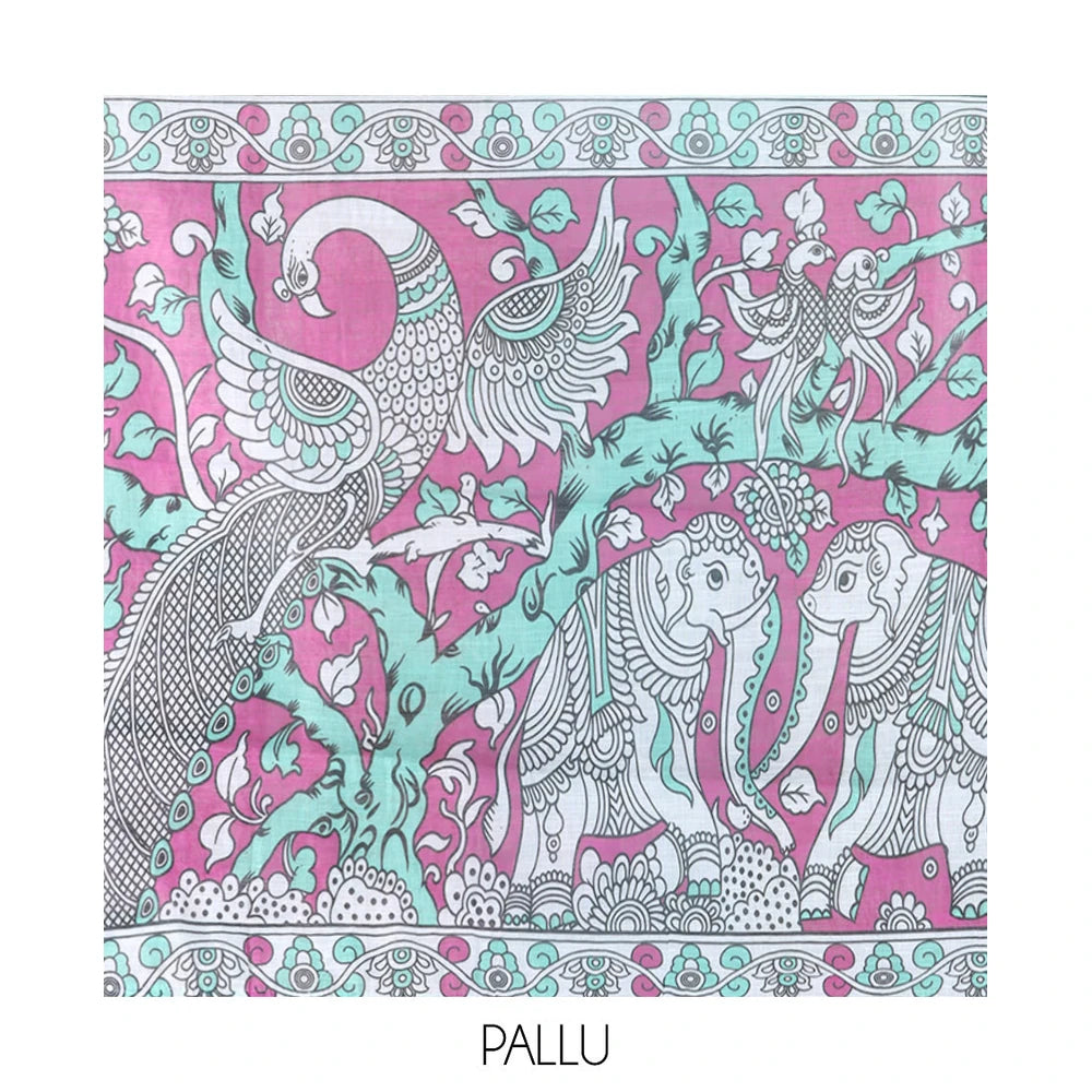 Pothys Sea Green Linen Cotton Saree Features Kalamkari Human Figurines, a Piping Border, Kalamkari Pallu, Contrast Blouse