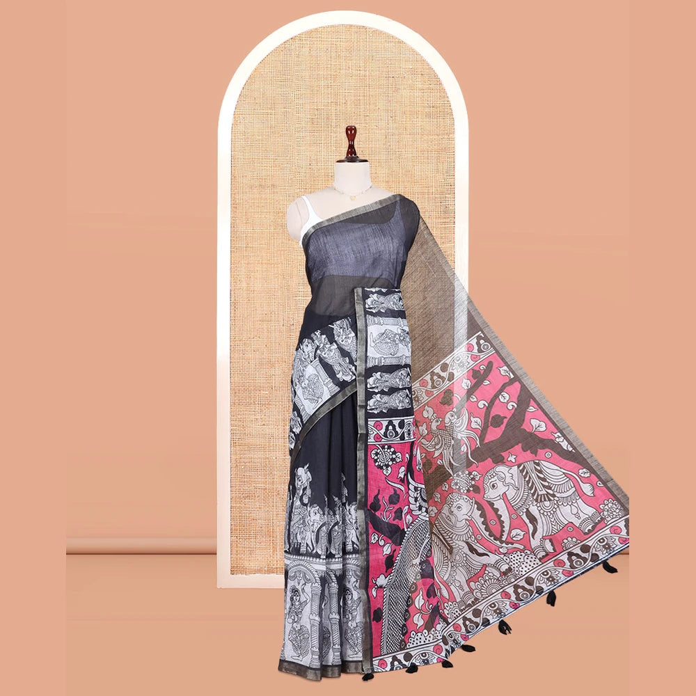Pothys Black Linen Cotton Saree Features Kalamkari Human Figurines, a Piping Border, Kalamkari Pallu, Contrast Blouse