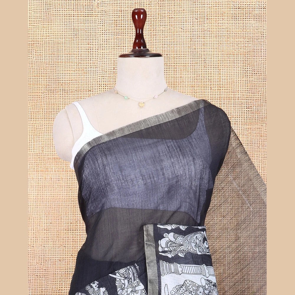 Pothys Black Linen Cotton Saree Features Kalamkari Human Figurines, a Piping Border, Kalamkari Pallu, Contrast Blouse