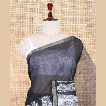 Pothys Black Linen Cotton Saree Features Kalamkari Human Figurines, a Piping Border, Kalamkari Pallu, Contrast Blouse
