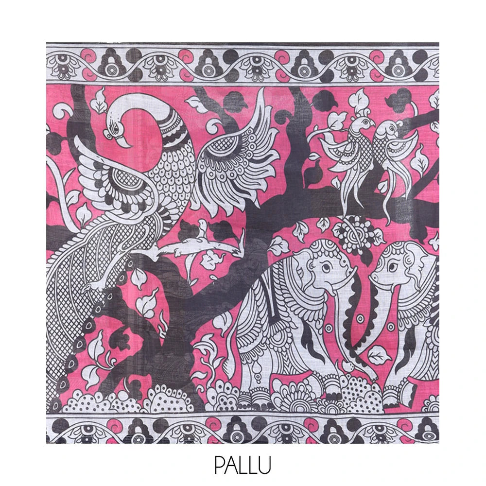 Pothys Black Linen Cotton Saree Features Kalamkari Human Figurines, a Piping Border, Kalamkari Pallu, Contrast Blouse