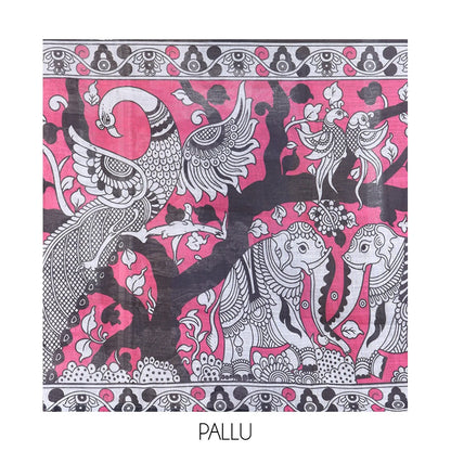 Pothys Black Linen Cotton Saree Features Kalamkari Human Figurines, a Piping Border, Kalamkari Pallu, Contrast Blouse