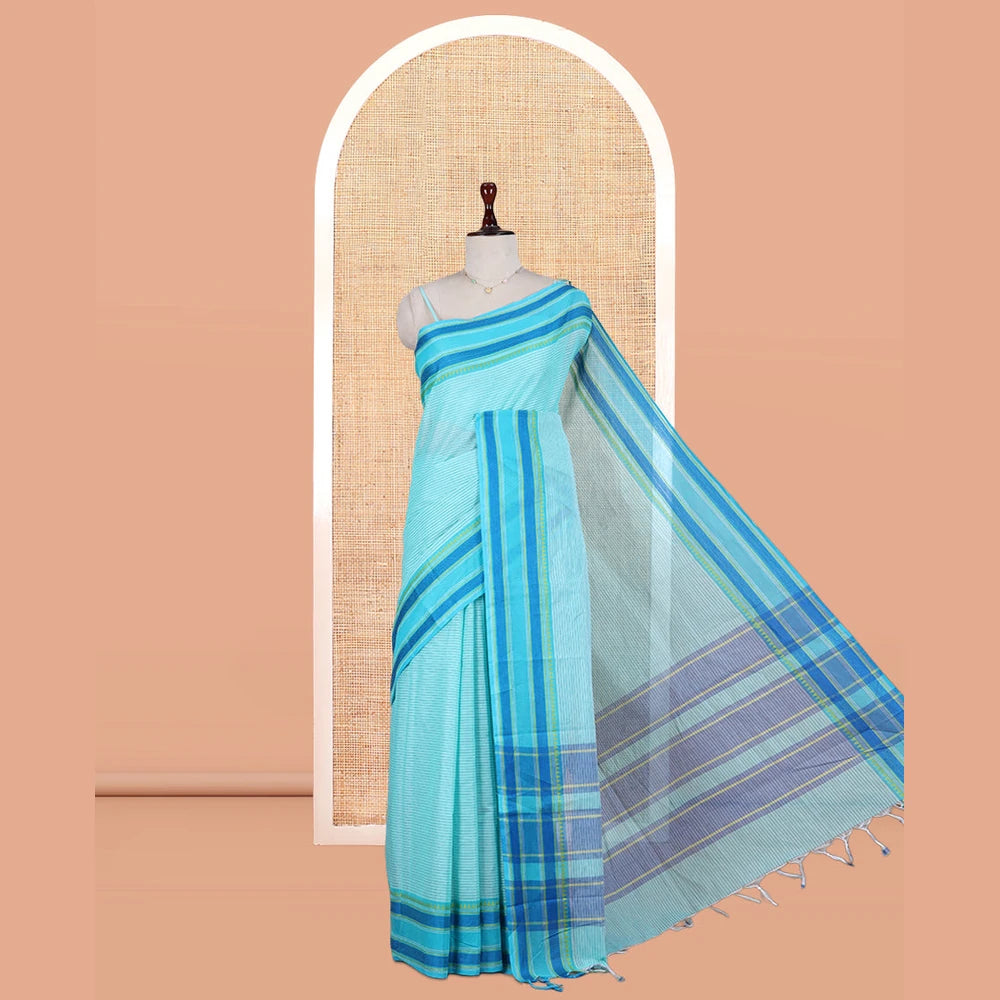 Pothys Blue Striped Chettinad Cotton Saree, Contrast Traditional Thread Border, Striped Pallu, a Contrast Blouse