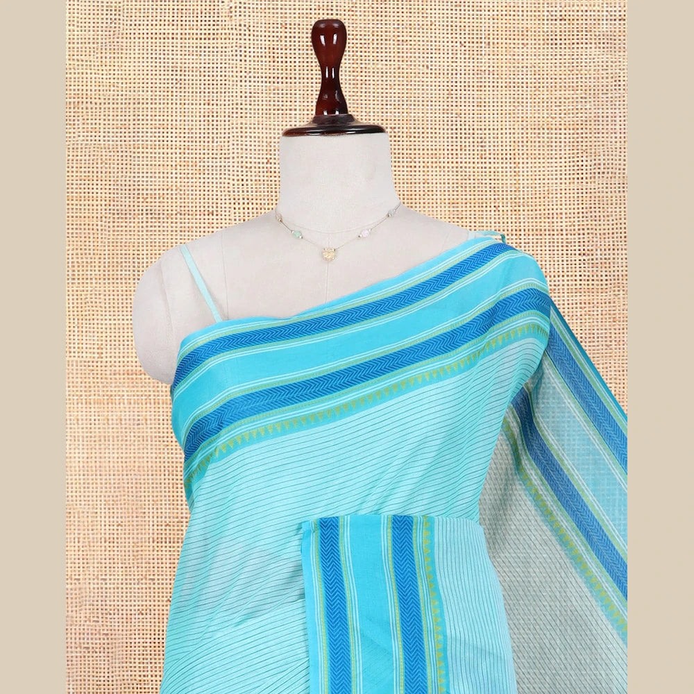 Pothys Blue Striped Chettinad Cotton Saree, Contrast Traditional Thread Border, Striped Pallu, a Contrast Blouse