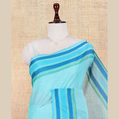 Pothys Blue Striped Chettinad Cotton Saree, Contrast Traditional Thread Border, Striped Pallu, a Contrast Blouse