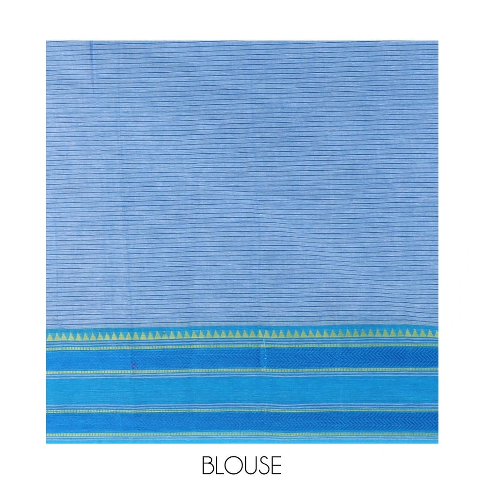Pothys Blue Striped Chettinad Cotton Saree, Contrast Traditional Thread Border, Striped Pallu, a Contrast Blouse
