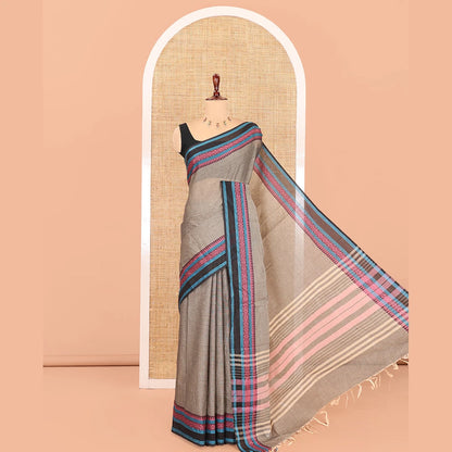 Pothys Grey Plain Chettinad Cotton Saree, a Contrast Traditional Thread Border, and a Contrast Blouse