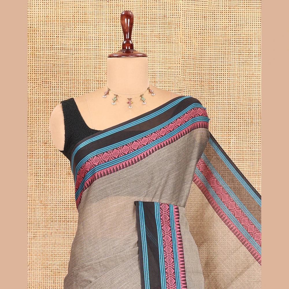 Pothys Grey Plain Chettinad Cotton Saree, a Contrast Traditional Thread Border, and a Contrast Blouse