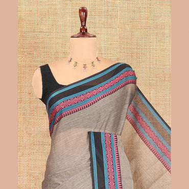 Pothys Grey Plain Chettinad Cotton Saree, a Contrast Traditional Thread Border, and a Contrast Blouse