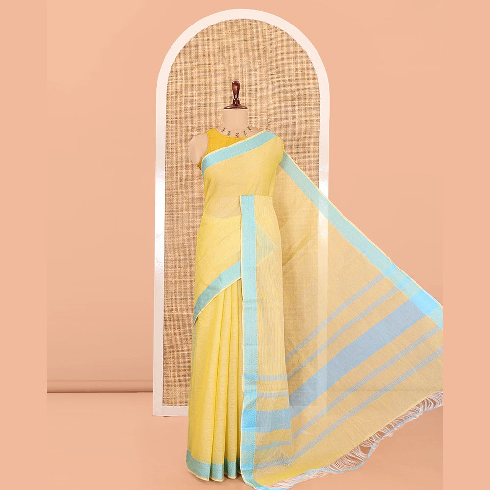 Pothys Yellow Striped Chettinad Cotton Saree, a Traditional Thread Border, and a Contrast Blouse