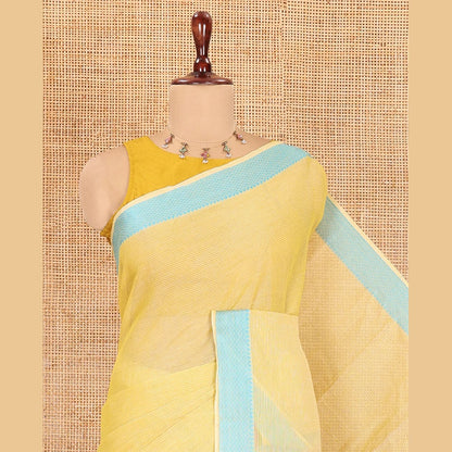 Pothys Yellow Striped Chettinad Cotton Saree, a Traditional Thread Border, and a Contrast Blouse