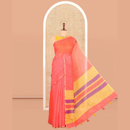 Pothys Tomato Pink Plain Linen Cotton Saree, a Piping Border, Contrast Striped Pallu, and Contrast Blouse