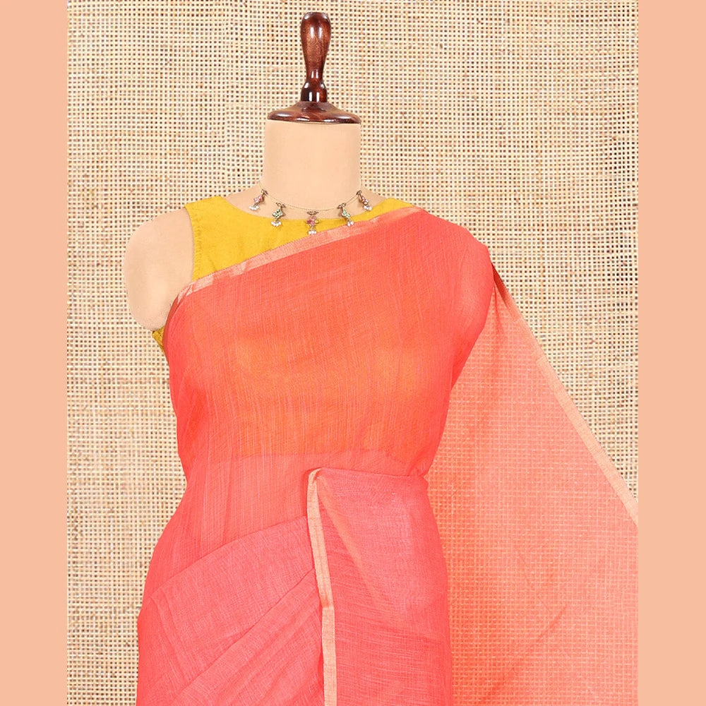 Pothys Tomato Pink Plain Linen Cotton Saree, a Piping Border, Contrast Striped Pallu, and Contrast Blouse