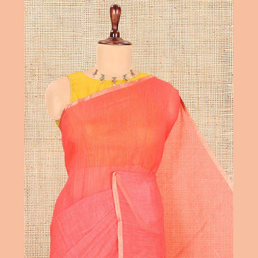 Pothys Tomato Pink Plain Linen Cotton Saree, a Piping Border, Contrast Striped Pallu, and Contrast Blouse