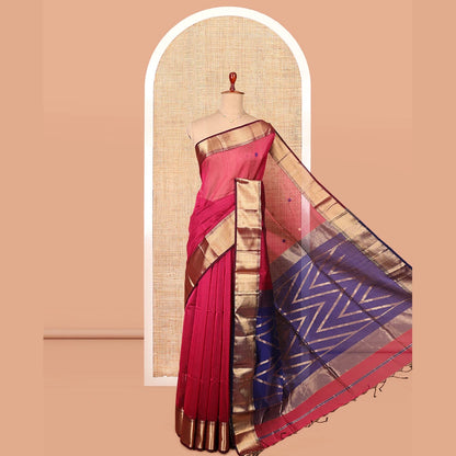 Pothys Red Maheshwari Cotton Saree, Subtly Woven with Thread Buttas, Complemented by a Contrast Traditional Zari Border, Chevron Striped Pallu, and a Contrast Blouse