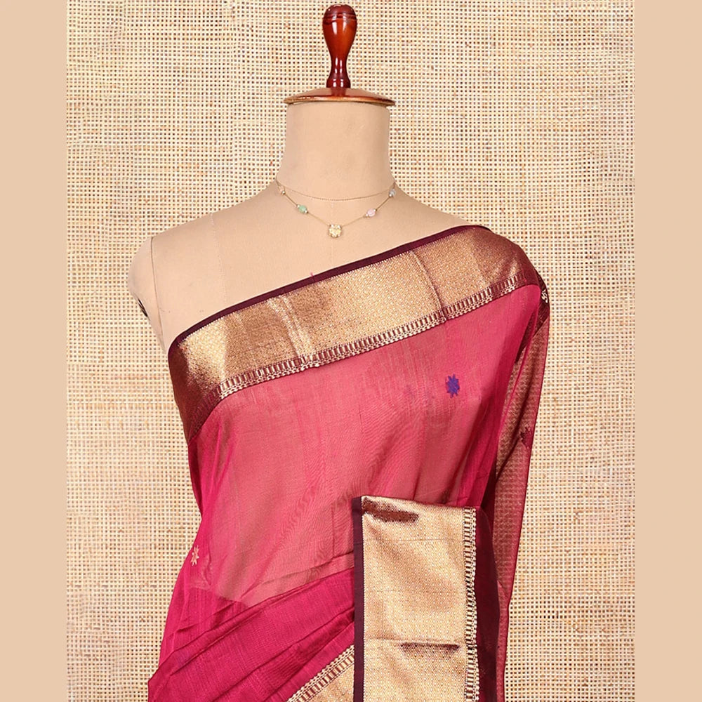 Pothys Red Maheshwari Cotton Saree, Subtly Woven with Thread Buttas, Complemented by a Contrast Traditional Zari Border, Chevron Striped Pallu, and a Contrast Blouse