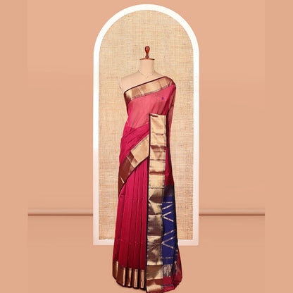 Pothys Red Maheshwari Cotton Saree, Subtly Woven with Thread Buttas, Complemented by a Contrast Traditional Zari Border, Chevron Striped Pallu, and a Contrast Blouse