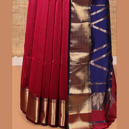 Pothys Red Maheshwari Cotton Saree, Subtly Woven with Thread Buttas, Complemented by a Contrast Traditional Zari Border, Chevron Striped Pallu, and a Contrast Blouse