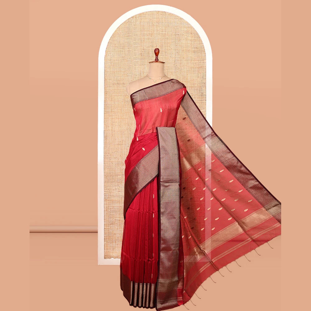 Pothys Red Maheshwari Cotton Saree, Finely Crafted with Buttas, Complemented by a Contrast Chevron Striped Zari Border, Zari Buttas Pallu, and a Contrast Blouse