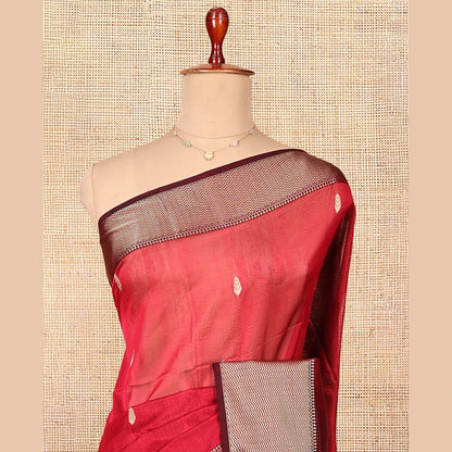 Pothys Red Maheshwari Cotton Saree, Finely Crafted with Buttas, Complemented by a Contrast Chevron Striped Zari Border, Zari Buttas Pallu, and a Contrast Blouse