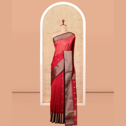 Pothys Red Maheshwari Cotton Saree, Finely Crafted with Buttas, Complemented by a Contrast Chevron Striped Zari Border, Zari Buttas Pallu, and a Contrast Blouse