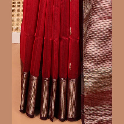 Pothys Red Maheshwari Cotton Saree, Finely Crafted with Buttas, Complemented by a Contrast Chevron Striped Zari Border, Zari Buttas Pallu, and a Contrast Blouse