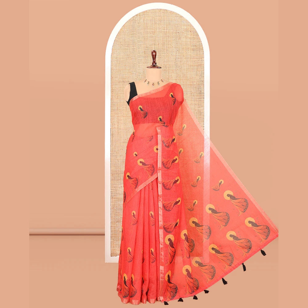 Pothys Red Linen Cotton Saree, Adorned with Butterfly Woman Print, a Piping Border, a Contrast Blouse