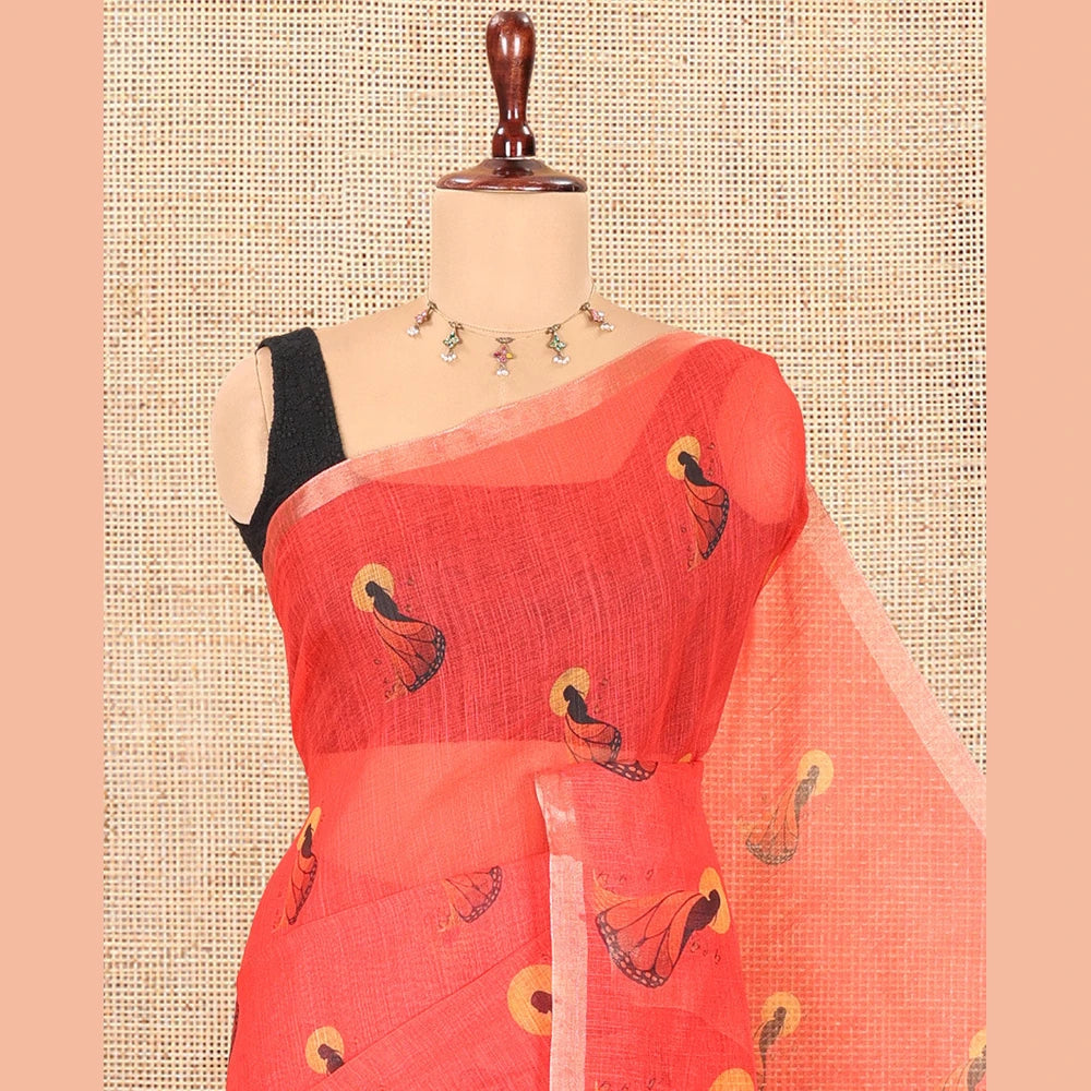 Pothys Red Linen Cotton Saree, Adorned with Butterfly Woman Print, a Piping Border, a Contrast Blouse