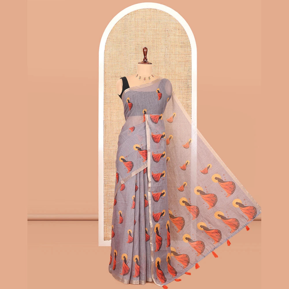 Pothys Light Brown Linen Cotton Saree, Adorned with Butterfly Woman Print, a Piping Border, a Contrast Blouse