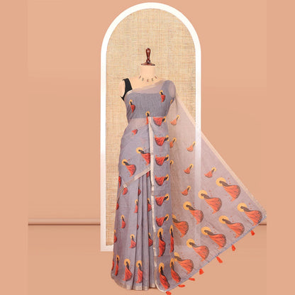 Pothys Light Brown Linen Cotton Saree, Adorned with Butterfly Woman Print, a Piping Border, a Contrast Blouse