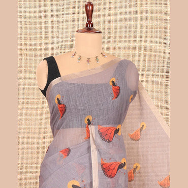 Pothys Light Brown Linen Cotton Saree, Adorned with Butterfly Woman Print, a Piping Border, a Contrast Blouse