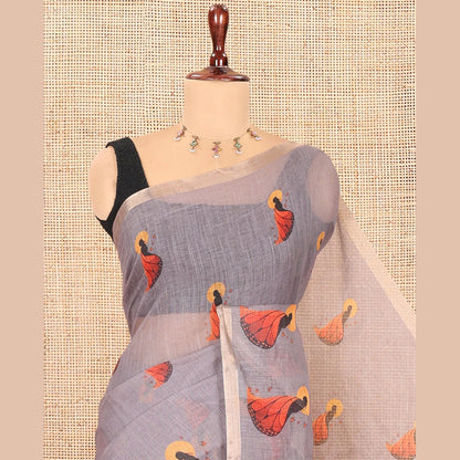 Pothys Light Brown Linen Cotton Saree, Adorned with Butterfly Woman Print, a Piping Border, a Contrast Blouse