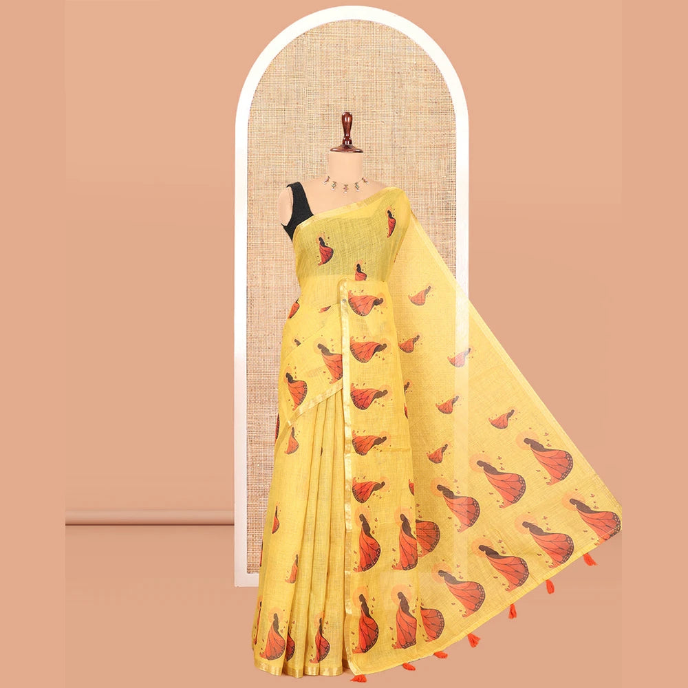Pothys Yellow Linen Cotton Saree, Adorned with Butterfly Woman Print, a Piping Border, a Contrast Blouse
